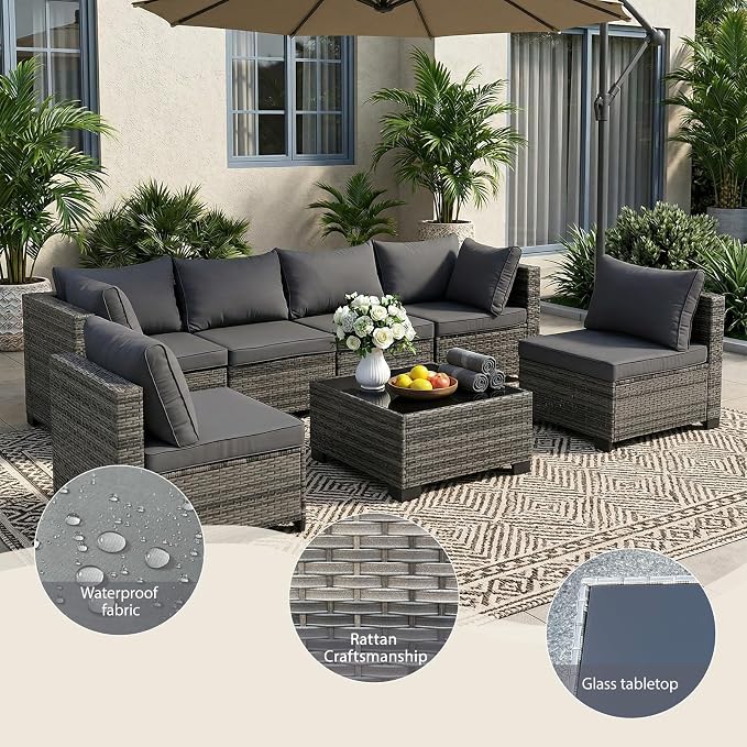 7-Piece Patio Furniture Set, Outdoor Wicker Conversation Sofa Set with Coffee Table & Extra Thick 8.5" Cushions, All-Weather Sectional for Backyard, Porch, Poolside (Gray, 7PCS)