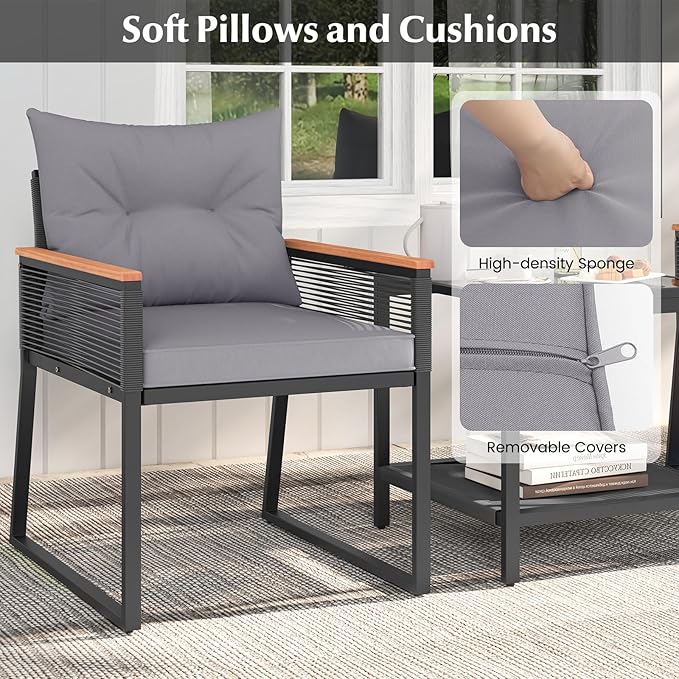 HAPPYGRILL 3 Pieces Patio Furniture Set PE Rattan Wicker Chairs with 2 Tier Coffee Table, Soft Back and Seat Cushions, Outdoor Conversation Set for Backyard, Garden and Poolside