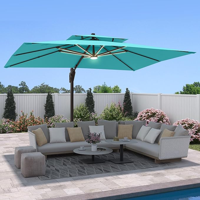 9 X 12 FT Cantilever Outdoor Patio Umbrella with LED Lights Large Heavy Duty 360° Rotation Double Top Offset Rectangular Umbrellas for Backyard Garden Pool Outside Deck, Turquoise