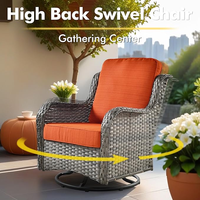 Wicker Patio Furniture Set, 8 Pieces Outdoor Sectional Sets with 6 Seats, Rattan Conversation Set with Swivel Chairs for Garden and Backyard, l Shape Couch Set