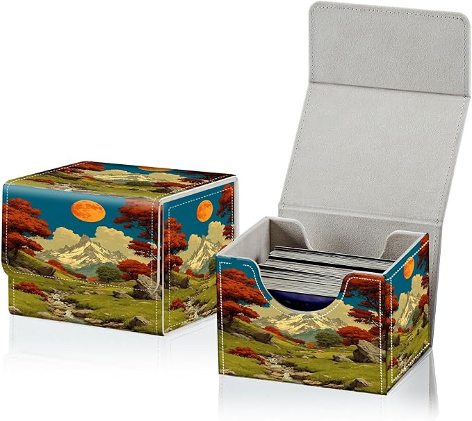 Card Deck Box for MTG, Cards Storage Box Fits 120+ Sleeved, Leather Small Size Strong Magnetic Closing Card Case for Board Games Magic TCG CCG Baseball Collection, Snow Mountain Moon Brook