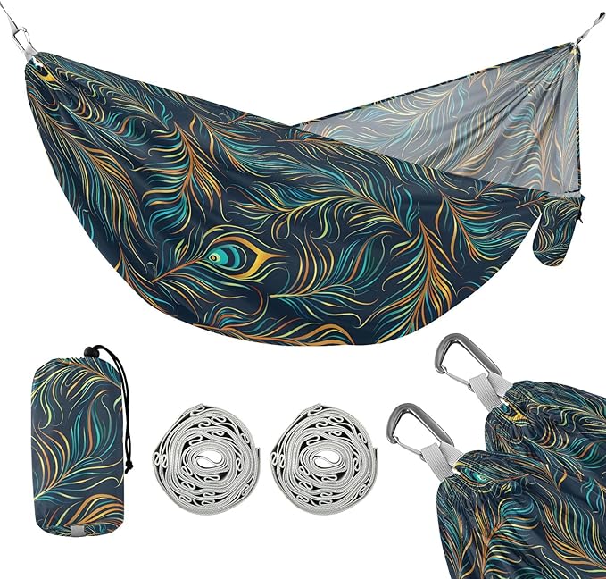 Camping Hammock Outdoor Hammocks for Outside Peacock Feathers Beach Trees Portable Lightweight with Pockets Tree Straps Indoor Small