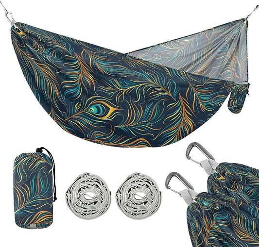 Camping Hammock Outdoor Hammocks for Outside Peacock Feathers Beach Trees Portable Lightweight with Pockets Tree Straps Indoor Small