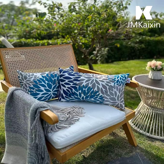 Outdoor Patio Lumbar Pillows, Pack of 2, 12"x20" | Fade Resistant Outdoor Waterproof Lumbar Pillow with Inners Decorative Garden Lumbar Cushions for Home Patio Terrace Sofa