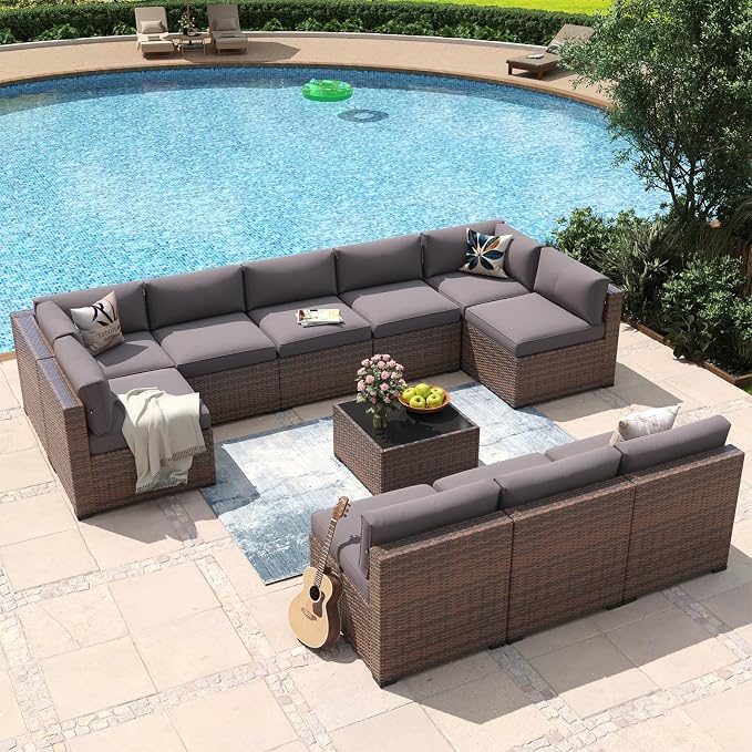 Aoxun 11 Piece Patio Furniture Set Wicker Rattan Patio Conversation Set Outdoor Sectional Sofa Set with Coffee Table and Thickened Cushions, Gray