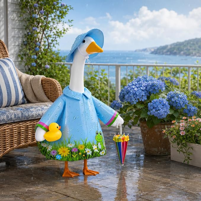 GJL Porch Goose Raincoat Outfit Fits 23 Inch Plastic Cement Goose Statue, Lawn Goose Clothes Set with Umbrella and Hat for Spring Summer Outdoor Yard Garden Decor (Blue-01)