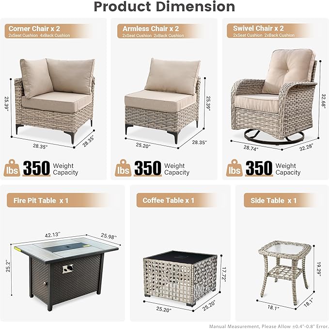 Outdoor Patio Furniture Sets,9 PCS Patio Conversation Set Outside Rattan Sectional Sofa with 42 in Fire Pit Table Wicker Rocking Chair Coffee Table Fit Backyard Porch Garden Poolside Balcony