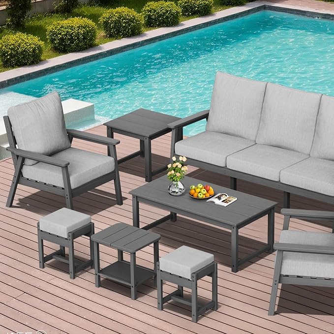 LOUNZY 3-Piece Outdoor Sofa Ottoman Set – Convertible Patio Furniture for Seating/Footrest, All-Weather Resistant & Comfortable Upholstery, Ideal for Garden, Balcony, Poolside – Modern,Grey