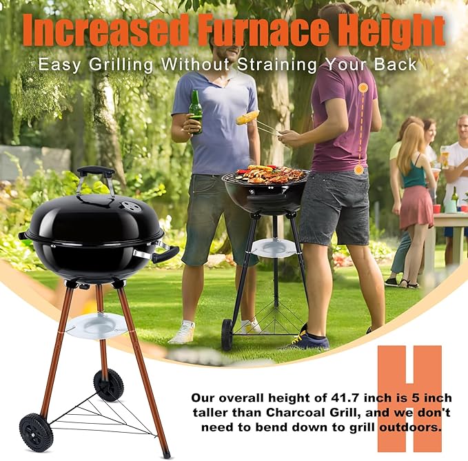 18 Inch Charcoal Grill, Leonyo Portable Barbecue Kettle Grill, Round Smoker with Wheels and Porcelain-Enameled Lid for Outdoor Cooking, Camping, Backyard and Beach, Black