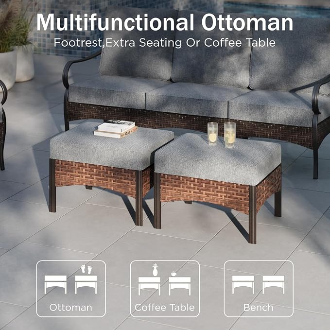 PHI VILLA Patio Furniture Set with 56" Fire Pit Table, Metal Frame Outdoor Conversation Sets, Wicker Patio Sectional Swivel Chairs with Ottomans for Porch, Deck, Poolside(6 Pieces, Grey)