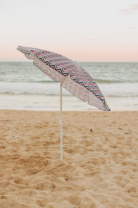 PICNIC TIME 5.5 Ft Portable Beach Umbrella, Lightweight UV Protection Sunshade with Tilt Pole & Carry Bag, Outdoor Canopy Umbrella for Beach, Sand, Pool, Patio, Camping, Travel, or Backyard Shade, (Vibe Collection - Navy Blue, Orange, & Gray Pattern)
