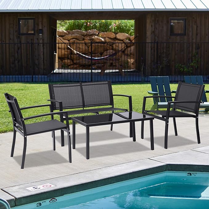 Henf 4 Pieces Patio Conversation Set, Outdoor Patio Furniture Set with Tempered Glass Coffee Table & Textilene Fabric/Iron Sofa for Porch Garden Poolside, Black