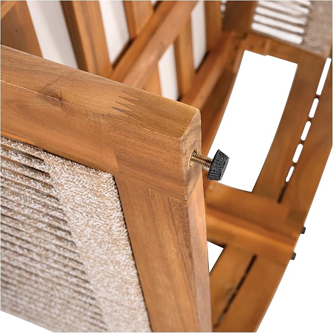 Christopher Knight Home Malphite 3 Pieces Conversation Set, Acacia Wood Chat Set, Round Coffee Table and Woven Rope Accent Chairs, Slat Design Patio Furniture Set for Backyard Garden, Beige + Teak