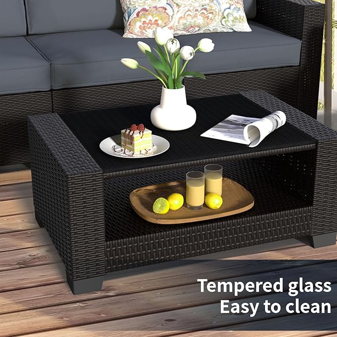 SHGJ&SOFT 7 Piece Patio Furniture Set, Wicker Outdoor Sectional Sofa with Washable Cushion Covers and Tempered Glass Table, Rattan Conversation Set for Poolside