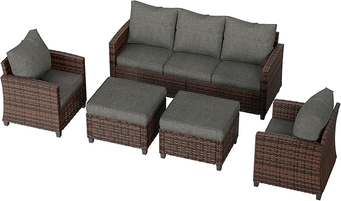 UDPATIO Patio Conversation Set, 5 Pieces Outdoor Furniture Set, All-Weather Wicker Rattan High Back Outdoor Sectional Sofa Set with Ottoman for Poolside, Backyard, Brown Wicker Dark Grey Cushions
