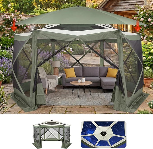 GarveeHome 13x13FT Pop Up Gazebo Screen Tent, 6-Sided Canopy with Starry Sky Top, 210D Oxford Water-Proof Instant Shelter with Mosquito Netting for Backyard Camping, Green & Gray