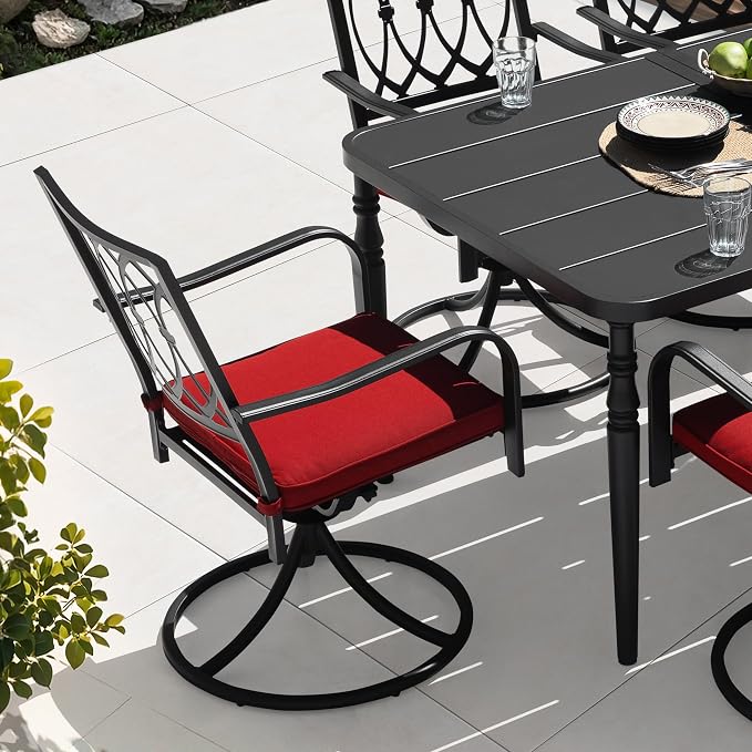 NUU GARDEN Outdoor 7 Piece Patio Dining Set, 6 Swivel Chairs with Red Cushions and 61'' x 37'' Rectangle Table with Umbrella Hole, Outdoor Dining Furniture Set for Garden, Lawn, Balcony, Black