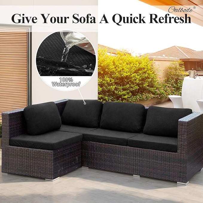 CALBODE 14Pcs Outdoor Stretch Cushion Covers,Waterproof Outdoor Chair Cushion Covers for Patio Furniture, Washable Jacquard Couch Covers Replacement for Patio Furniture(Black, Cover Only)