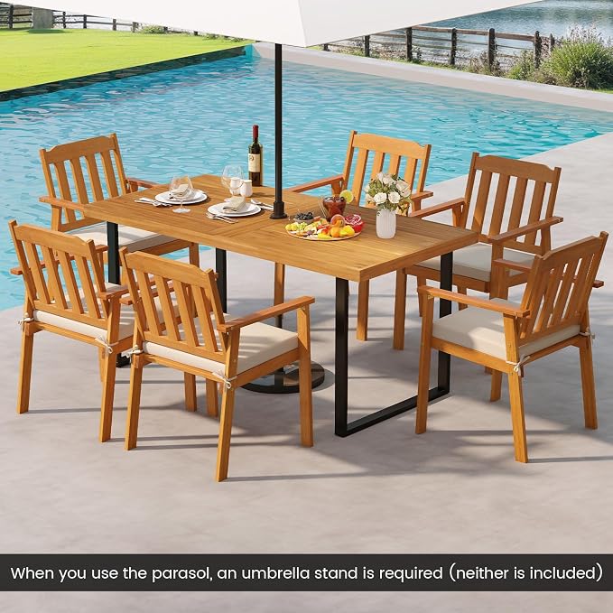 RELAX4LIFE Outdoor Dining Table for 6, 63’’ Rectangular Wooden Patio Table w/Umbrella Hole, Acacia Wood Tabletop & U-Shaped Metal Legs, Farmhouse Indoor Outdoor Use for Kitchen Garden Porch Backyard