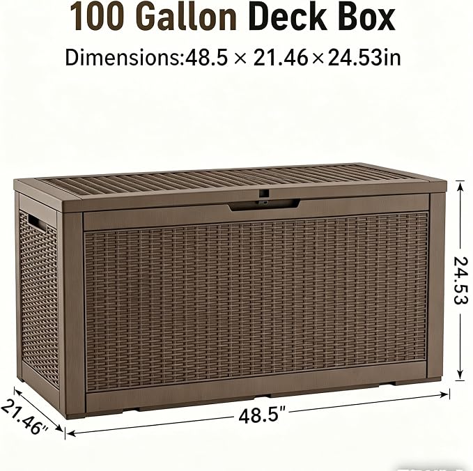 LAUSAINT HOME 100 Gallon Resin Deck Box, Package Delivery Box with Lockable Lid, Waterproof Outdoor Storage Box For Garden Tools, Patio Cushions(100 Gallon,Grey)