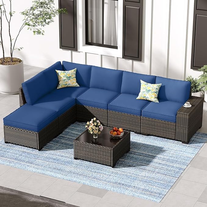 7 Pieces Outdoor Patio Furniture Set, Wicker Conversation Sets with Tea Table, Rattan Patio Sofa with Thick Cushions for Garden, Backyard Porch, Poolside,Navy