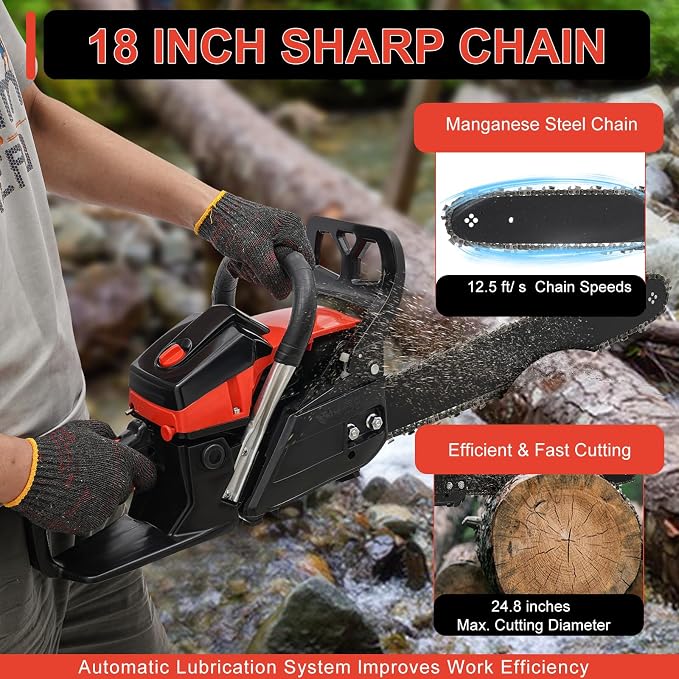 Gas Chainsaw, 2 Stroke Gas Powered Chainsaw, Gasoline Chainsaw Handheld Cordless Petrol Chain Saws for Tree Cutting, Gardens, Farms (18 Inch 58CC)