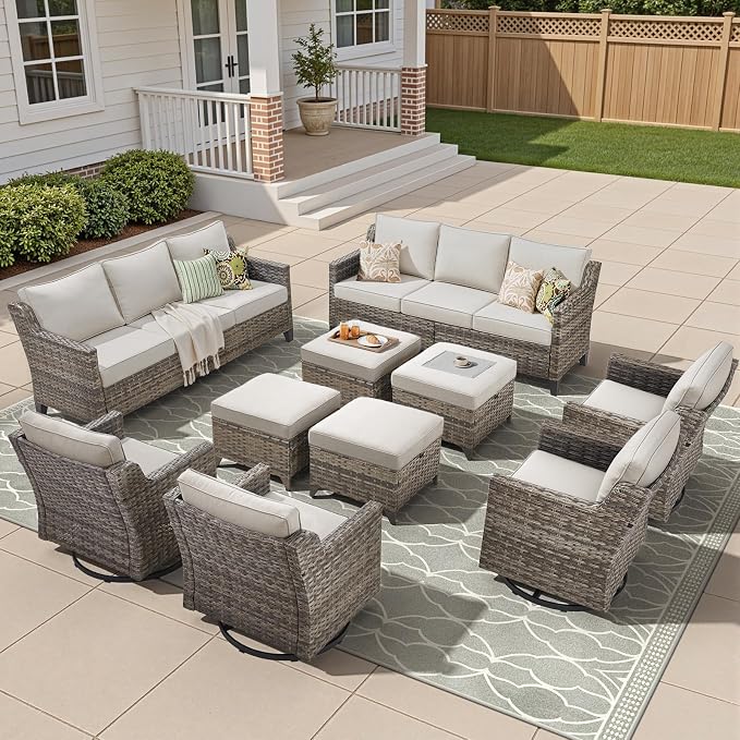 10 Piece Patio Furniture Set-High Back Outdoor Furniture Set Sectional Sofa with Wicker Swivel Patio Chairs,Comfy Cushions Ottomans for Porch Balcony Patio Deck Grey/Beige