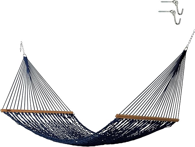 Hatteras Hammocks Large Navy DuraCord Rope Hammock – 13 ft. x 55 in., 2-Person, 450 lb Capacity, Cumaru Spreader Bar, Zinc-Plated Hardware – Handcrafted in The USA