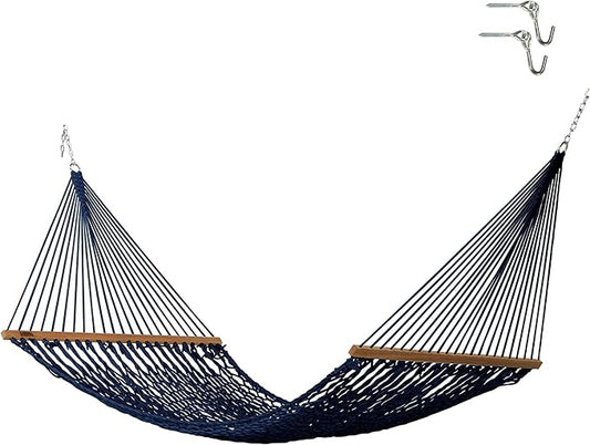 Hatteras Hammocks Large Navy DuraCord Rope Hammock – 13 ft. x 55 in., 2-Person, 450 lb Capacity, Cumaru Spreader Bar, Zinc-Plated Hardware – Handcrafted in The USA