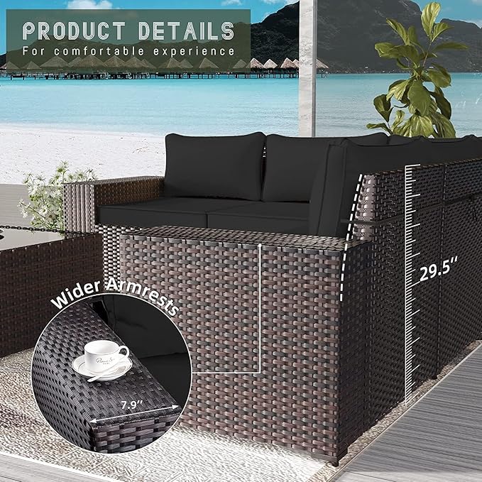 6 PCS Outdoor Patio Furniture Set,Outdoor Sectional Furniture All Weather PE Rattan Wicker Patio Conversation Set with Coffee Table and 5 Thickened Cushions,Black