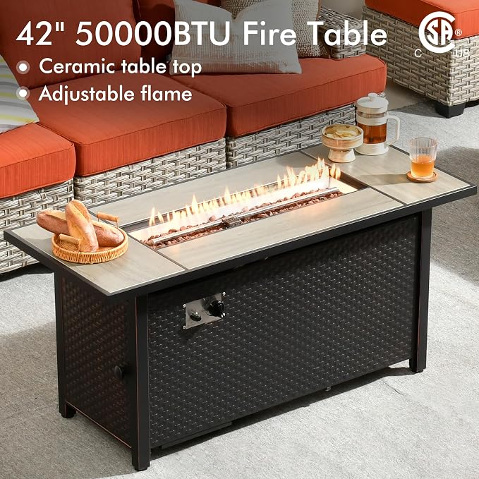 10 Pcs Outdoor Sectional Patio Furniture Set with Fire Pit Table and Swivel Rocking Chairs - All Weather Wicker Modular Outside Sectional Couch,Patio Seating Outdoor Conversation Sets,Orange Red