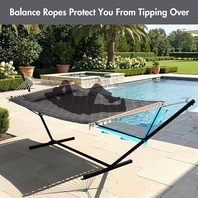 ANOW Double Hammock with 12FT Heavy Duty Steel Stand Included, 2 Person Hammock with Stand for Outdoors, 450 LBS Weight Capacity, Gray