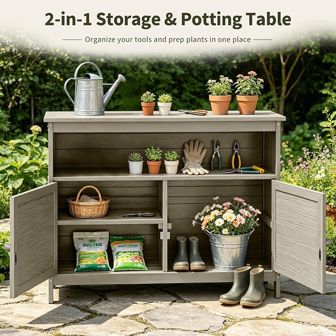 HIPS All-Weather Outdoor Storage Cabinet,Outdoor Sideboard with Magnetic Doors,3-Shelves Patio Storage Cabinet, Used for Garden,Buffet Cabinet,TV Stand, Bar Table,Balcony