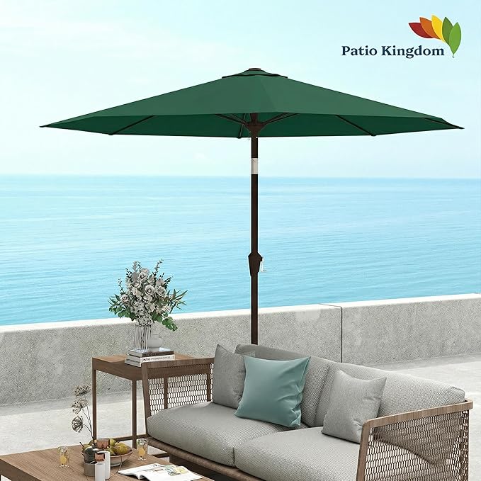 9FT Patio Umbrella Outdoor Table Umbrella w/Push Button Tilt and Crank, 8 Sturdy Ribs, UV Resistant Waterproof Market Umbrella for Pool, Deck, Backyard, Garden, Forest Green