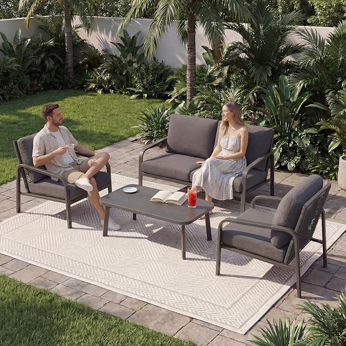 Aluminum Patio Furniture Set, 4 Pieces Outdoor Patio Furniture with Coffee Table Set, Metal Patio Conversation Sets with Washable and High-Resiliency Sponge Cushions,Brown&Beige