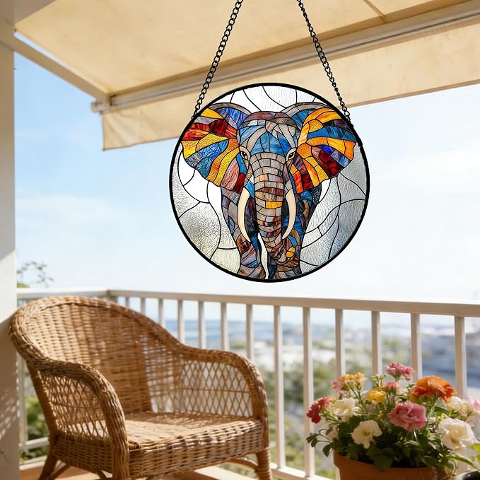 Stained Glass Window Hanging, Colorful Elephant Sun Catcher for Door Home Decor Animal Suncatcher Christmas Mother's Day Birthday Gifts for Women Men Mom and Nana 9.8 in