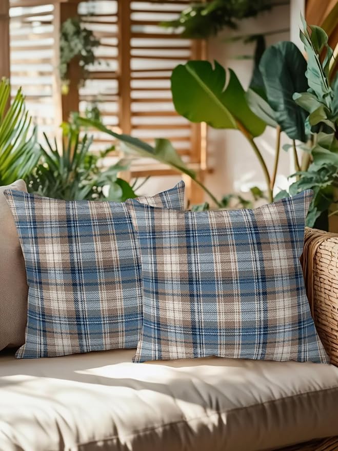 Waterproof Outdoor Pillow Set of 2 Beige Checked Plaid Decorative Throw Pillows Cover & Insert 16x16 Inch Pillowcase Stripes Woven Grid Square Pillows for Couch Sofa Bed Patio Furniture Indoor Outdoor