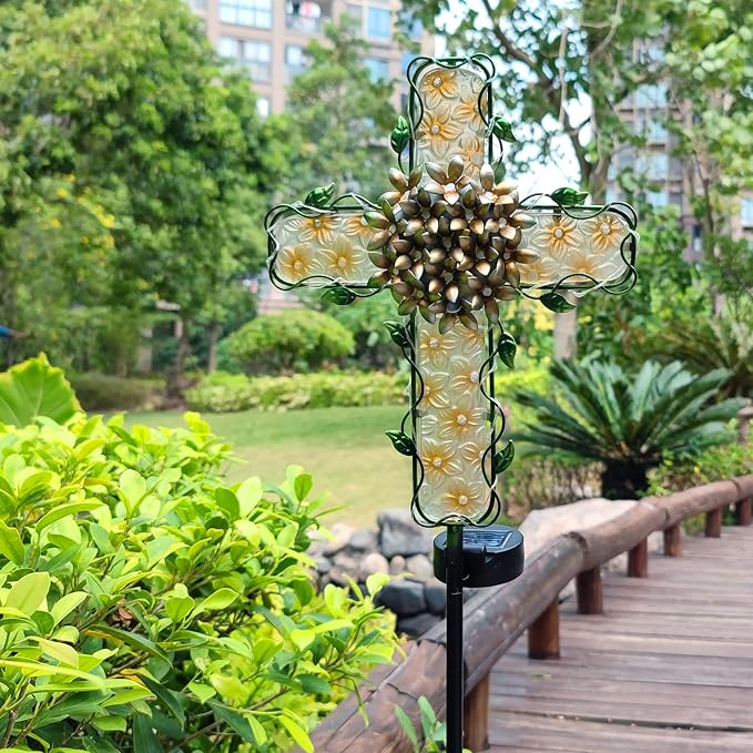COOZZYHOUR 38inch Cross Garden Solar Lights Outdoor Decorative - Solar Metal&Glass Cross Apricot Hydrangea Flower Stake Lights- Waterproof 20 White LED for Remembrance Gifts & Sympathy Gifts