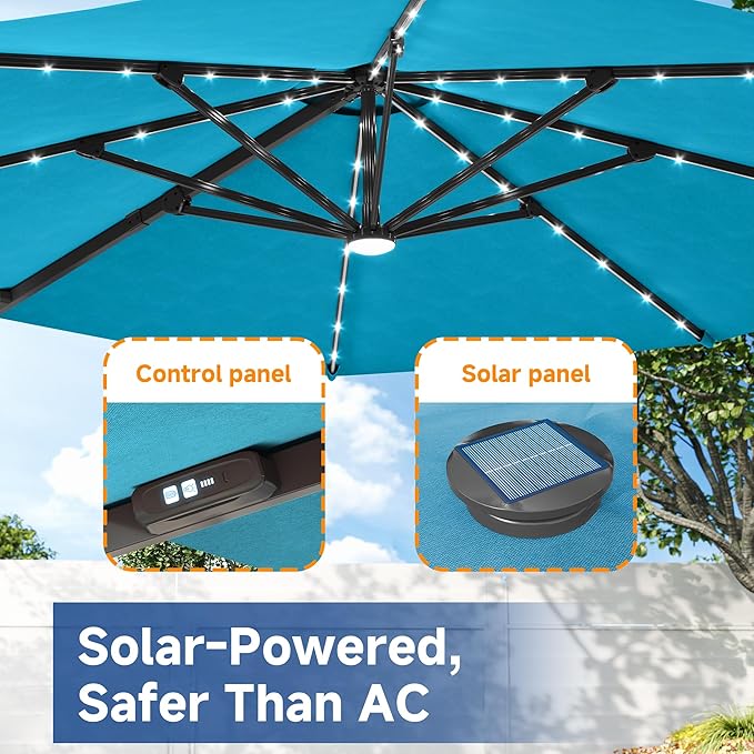 FLAME&SHADE 11ft Cantilever Patio Umbrella with Base, Round Offset Umbrella with Solar Light Strips, Large Heavy Duty Outdoor Aluminum 360° Rotation,for Deck,Pool,Backyard