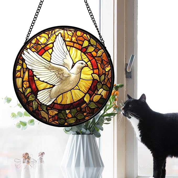 DASTOLL Stained Glass Window Hanging, Flying White Dove Sun Catchers Diamond Glass Panel Hangings Cute Birds Suncatcher Decor for Birthday for Women, Men, Wife, Aunt, and Mom 14.9 in