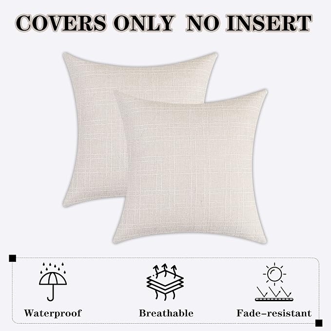 Kevin Textile Outdoor Waterproof 18”x18” Pillow Covers 2 Pack, Light Beige | Water Resistant, Soft Faux Linen-cotton Yarn-dyed Woven Texture Throw Pillow Covers for Tent Patio Garden Couch Sofa