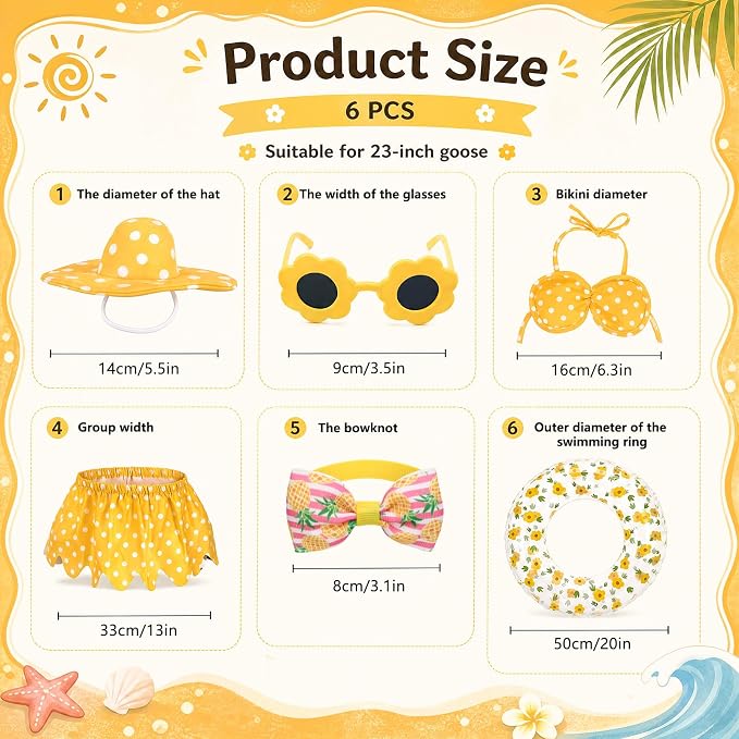 23 Inch Summer Porch Goose Outfit for Cement Goose Statue, Yellow | Summer Hawaiian Style, Bow, Sunglasses, Hat & Swim Ring, Fits 23 Inch Cement Goose, for Garden Patio Yard Outdoor Decor