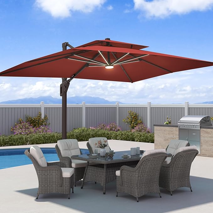 9x12 FT Patio Umbrella with LED Lights Cantilever Outdoor Large Heavy Duty Rectangle Aluminum Offset Umbrellas Double Top 360 Rotation 7 Tilt Adjustment for Pool Deck Garden, Red
