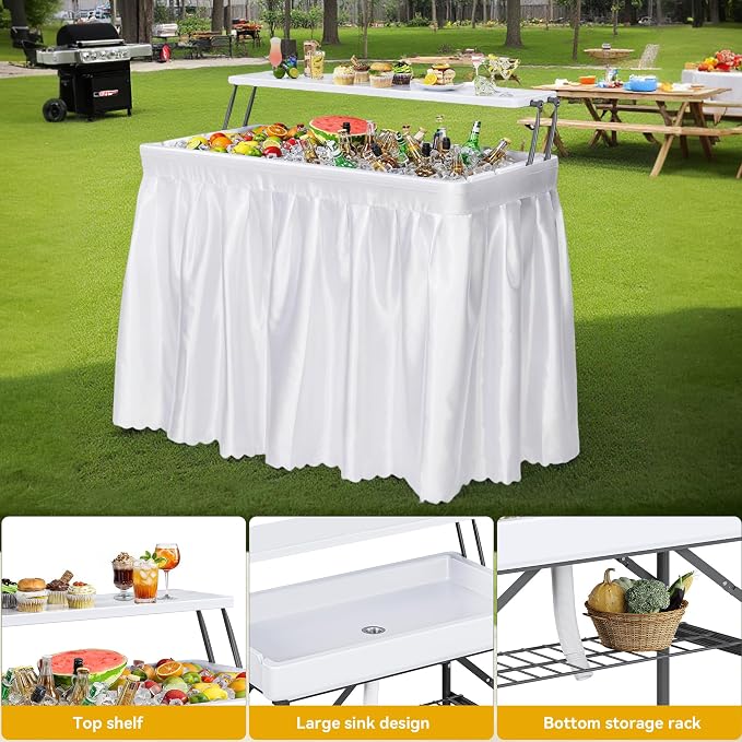 DWVO 4 FT Party Ice Cooler Folding Table, 2 Tier Portable Outdoor Cooler Table with Drain White Detachable Skirt, Ice Folding Table for Party Camping Picnic BBQ Wedding