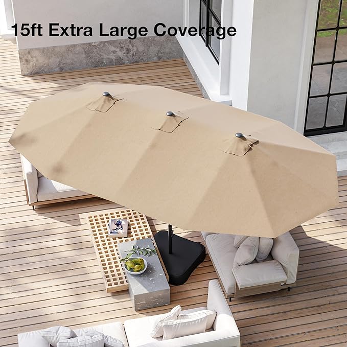 Joyside 15FT Large Patio Umbrella, Outdoor Double Sided Umbrella, Rectangle Umbrella with Crank Handle, 12 Sturdy Ribs for Deck, Porch and Pool
