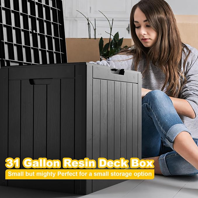 ROJIK Outdoor Storage Housing Deck Box-Waterproof Patio Furniture,Garden Tools,Cushions,Pool Accessories Storage Waterproof Resin Box with Capacity (31 Gal & Black)