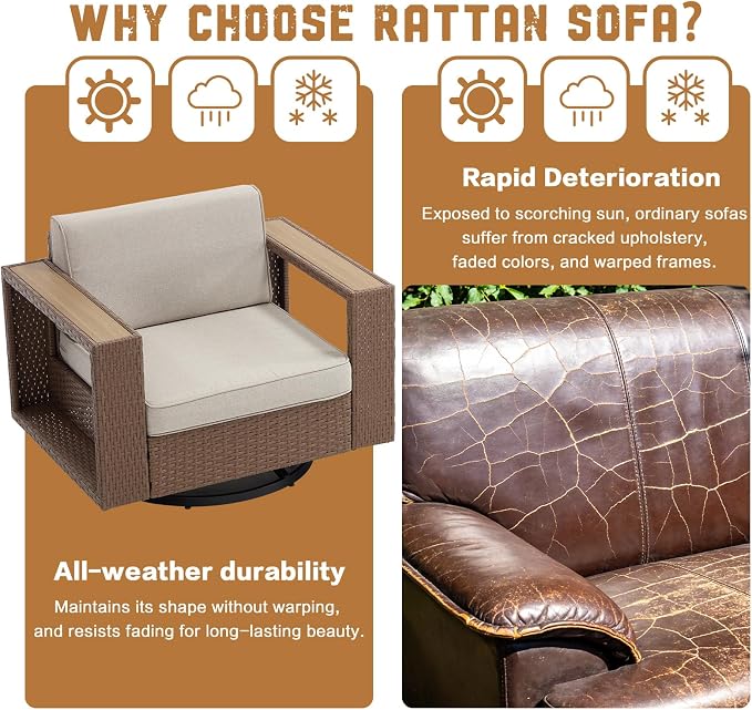 MOCHITO 7 Pieces Outdoor Patio Furniture Sets, All-Weather Sectional Sofa PE Rattan Wicker Conversation Set, Outdoor Patio sectional for Poolside, Porch, Lawn, Garden, Balcony(Beige)