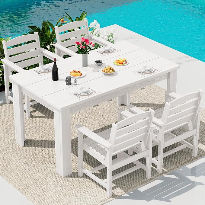 SERWALL 59" HDPE Patio Dining Set for 4, w/ 1 Table & 4 Armchairs, White | All Weather Resistant HDPE Dining Sets for Patio, Garden, Backyard