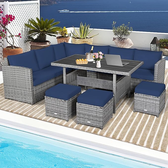 HAPPYGRILL 7 Pieces Rattan Wicker Patio Conversation Set, Outdoor Patio Furniture Set with Cushions, Rattan Sofa Set with Dining Table & Ottomans for Poolside Backyard Balcony Garden (Navy)
