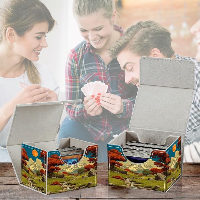 Card Deck Box for MTG, Cards Storage Box Fits 120+ Sleeved, Leather Small Size Strong Magnetic Closing Card Case for Board Games Magic TCG CCG Baseball Collection, Snow Mountain Moon Brook